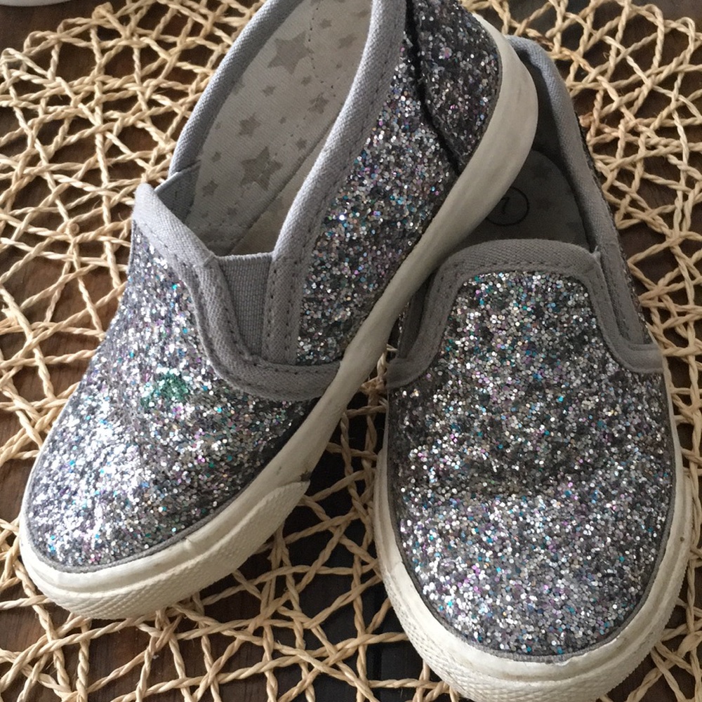 Cat and jack silver glitter slip ons